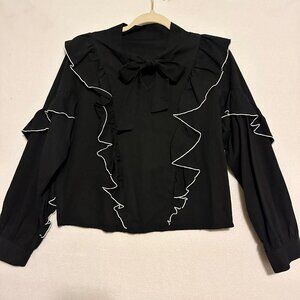 Black Small Ruffle Peasant Blouse Kawaii Goth Office Pin Up Rockabilly